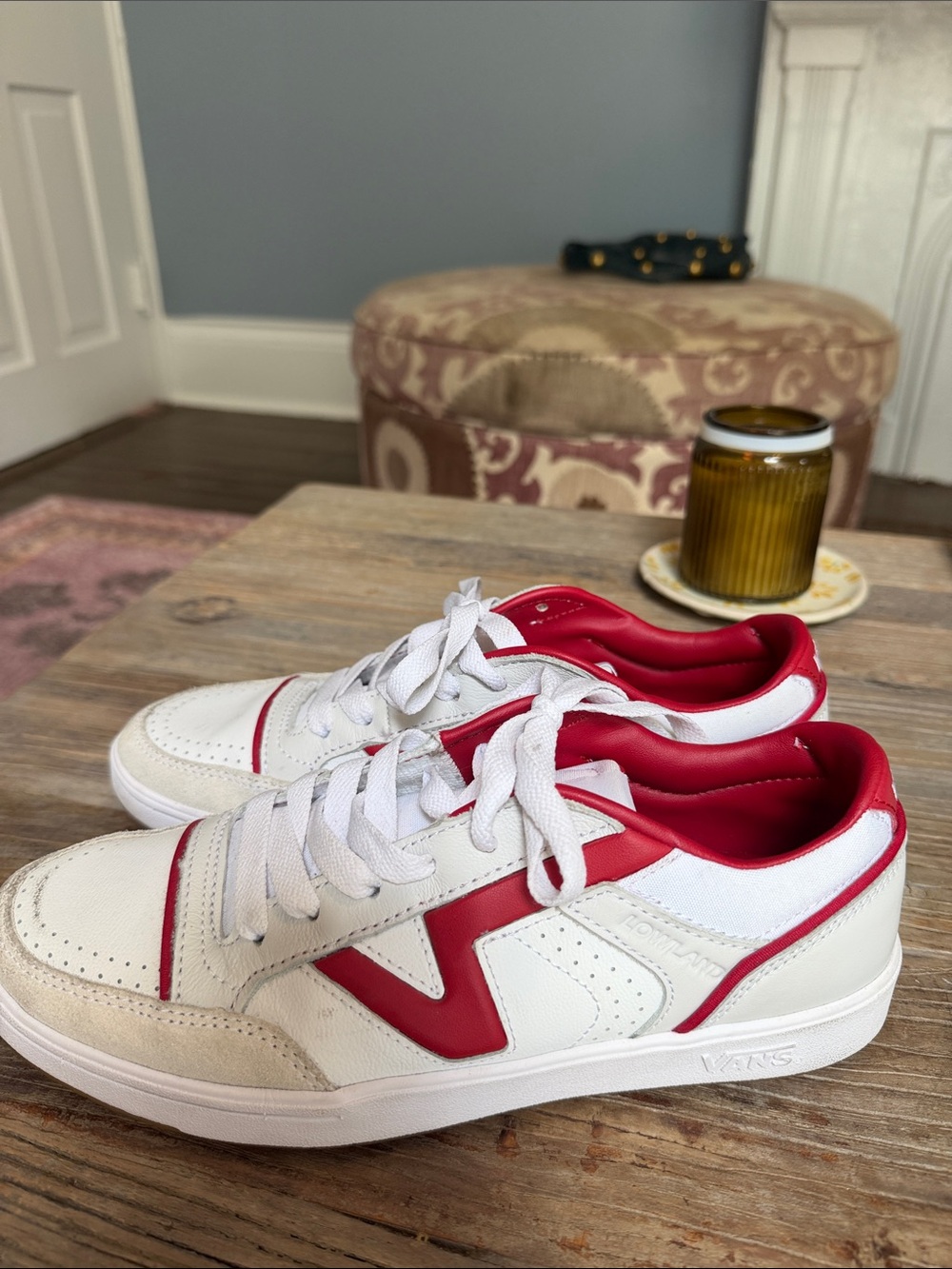 Vans White and Red Low-Top Skate Sneakers